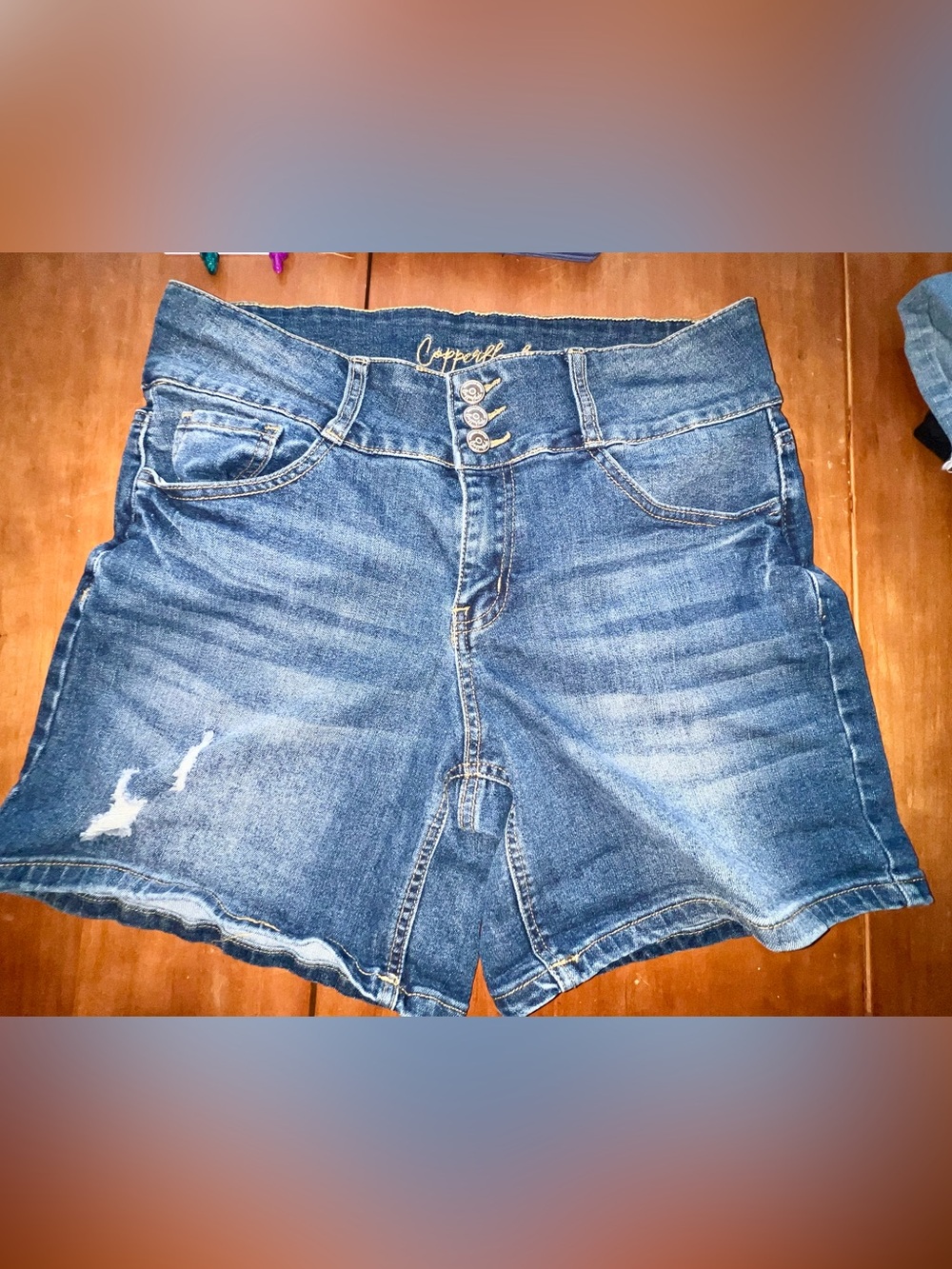 Copperflash Distressed 3-Button High-Rise Jean Shorts